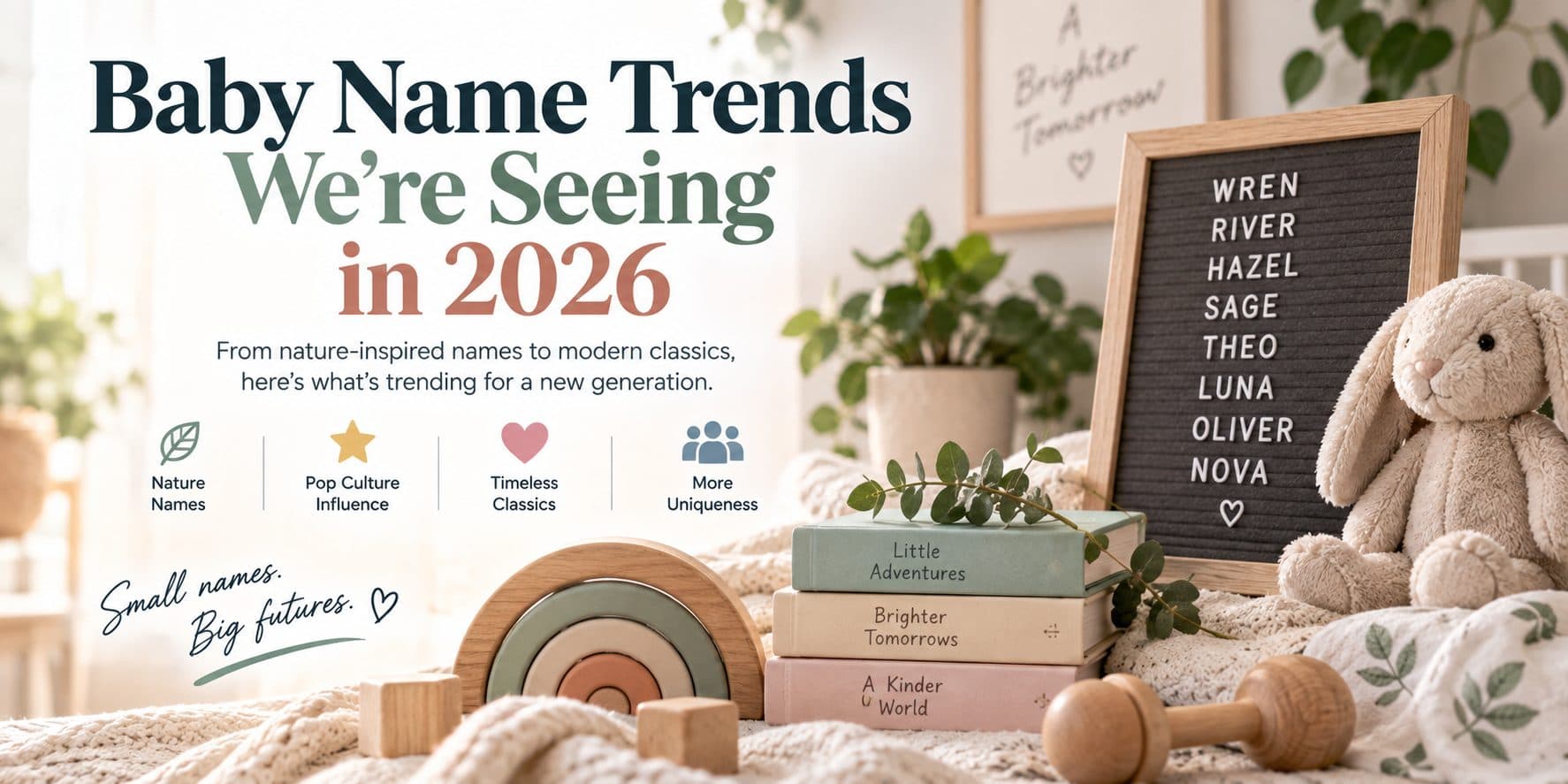 A felt letter board spelling out trending baby names — Wren, River, Hazel, Sage, Theo, Luna, Oliver, Nova — surrounded by nursery books and toys.