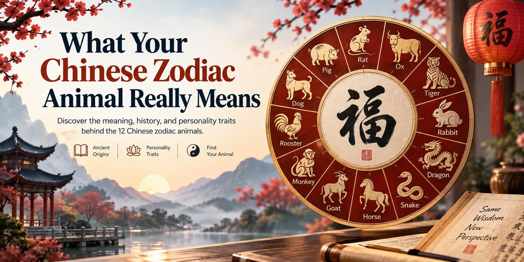 Illustrated Chinese zodiac wheel showing all 12 animals — Rat, Ox, Tiger, Rabbit, Dragon, Snake, Horse, Goat, Monkey, Rooster, Dog, and Pig — arranged around a central character meaning good fortune.