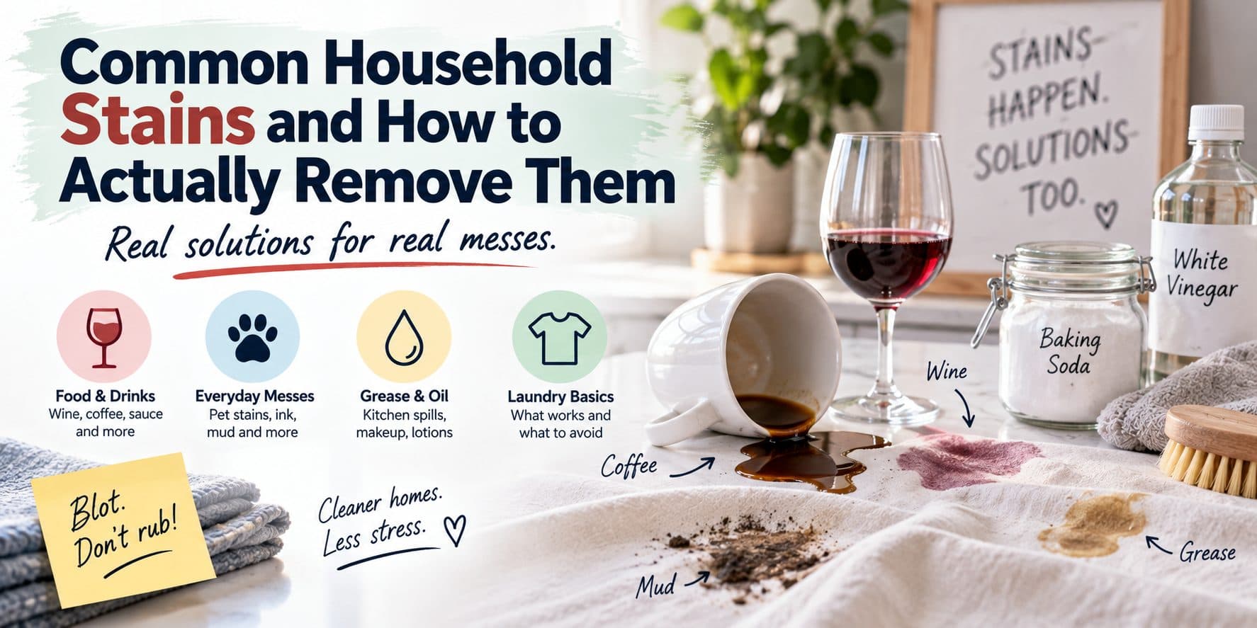 A spilled coffee cup and wine glass on a white cloth next to baking soda, white vinegar, and cleaning towels, with wine, coffee, mud, and grease stains labeled.