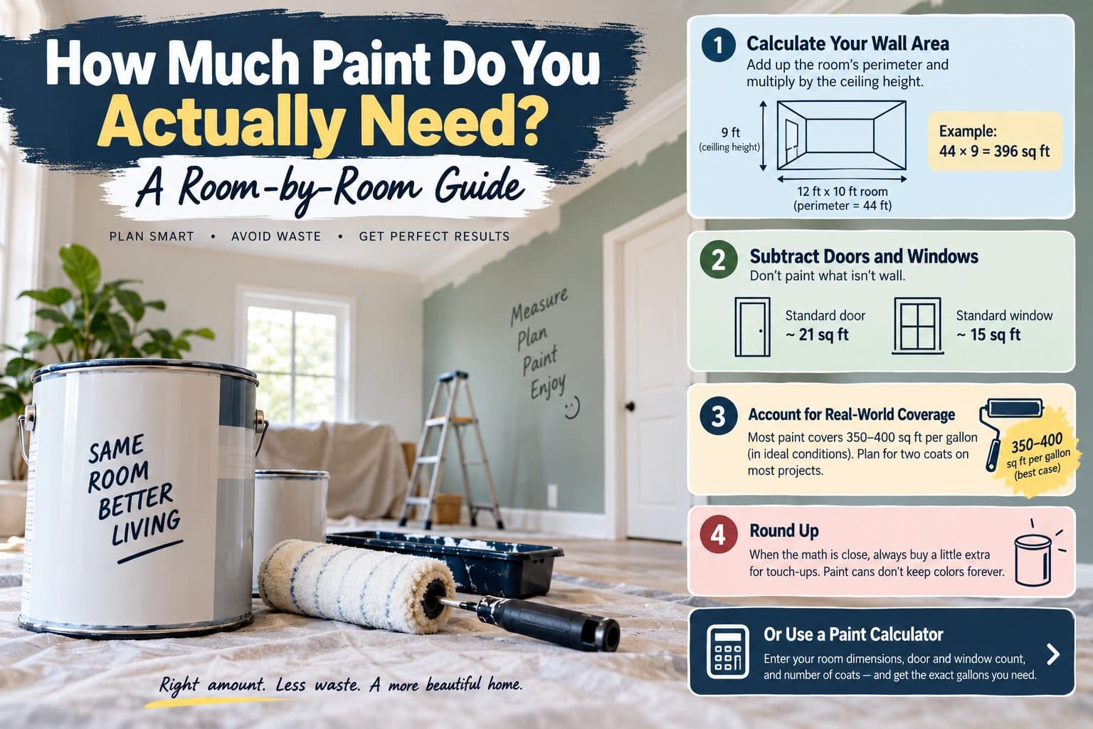 Infographic showing four steps to calculate how much paint a room needs: measuring wall area, subtracting doors and windows, accounting for coverage per gallon, and rounding up.
